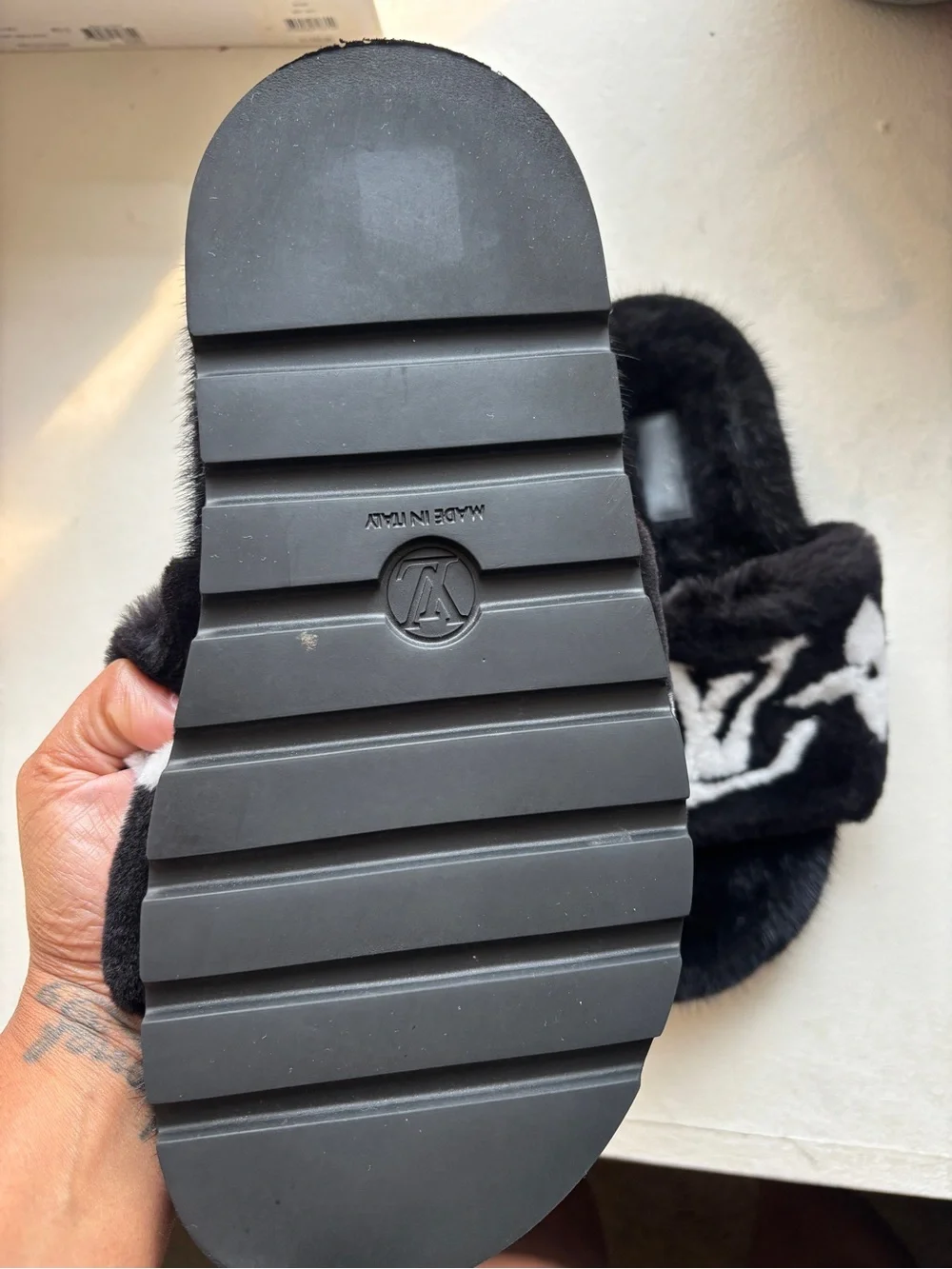 Louis Vuitton Black and White Faux-Fur Slide Slippers